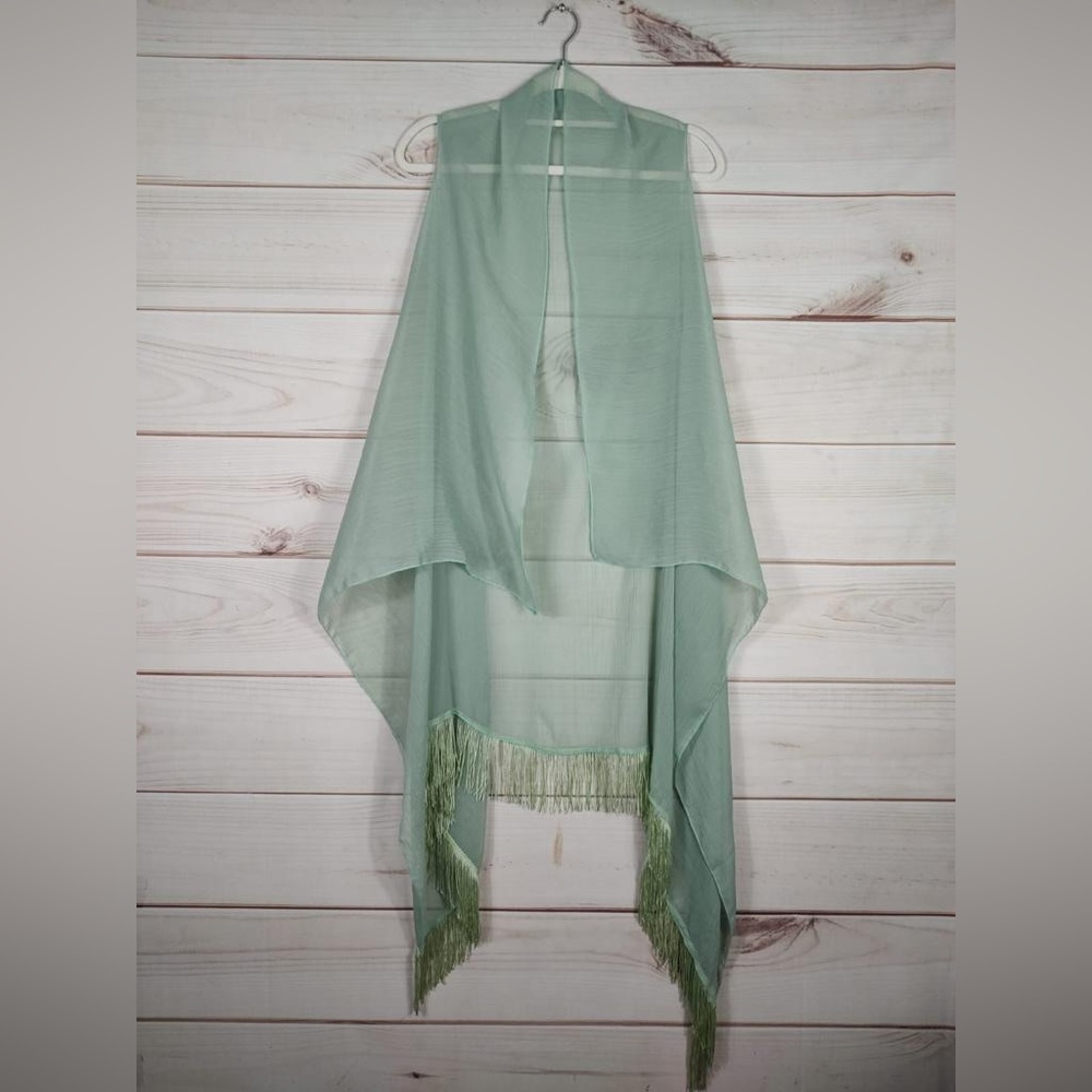 Woman’s Sheer Green Open Shaw High Low With Fringe On Back Bottom